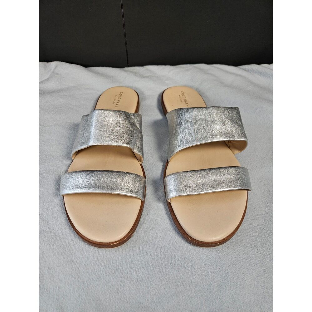 Cole Haan Grand.OS Silver Metallic Leather Two Strap Slide Sandals W07775 11B